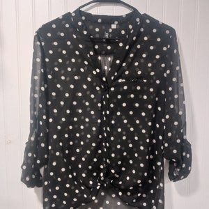 Kut from the Kloth Small Sheer Black Polka Dot Top Button Down Tie